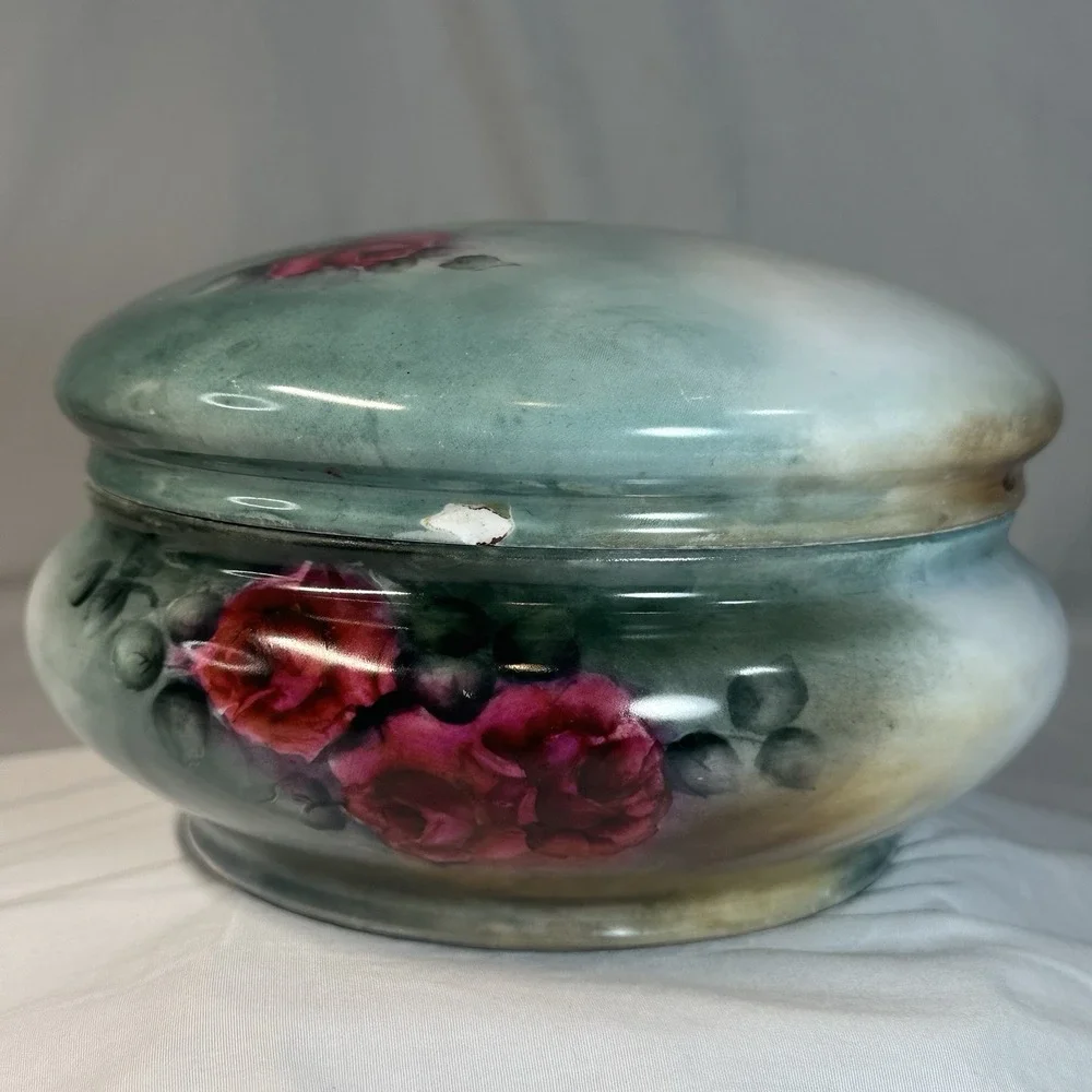 Antique‎ Victorian Hand Painted Cabbage Rose Dresser Jar Signed M Grose 7.5